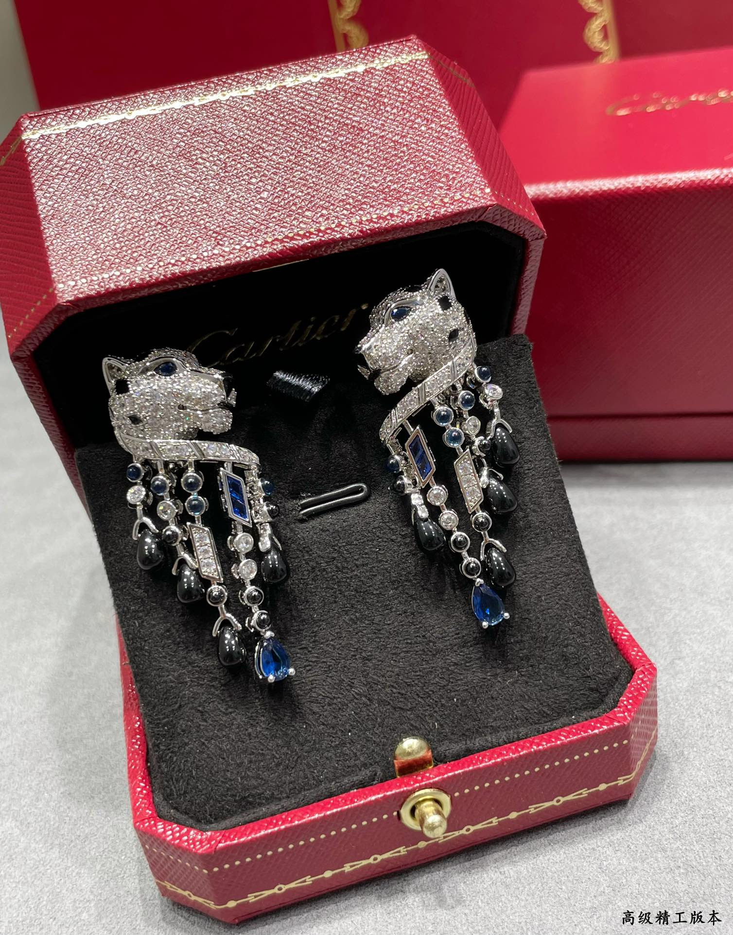 Ca*t*er Black Onyx Blue Diamond Leopard Earrings