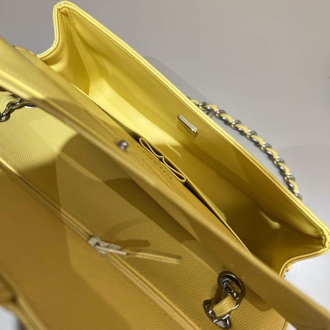 Ch*el CLASSIC HANDBAG GRAINED CALFSKIN & SILVER - TONE METAL Yellow 6×9.9×2.5in