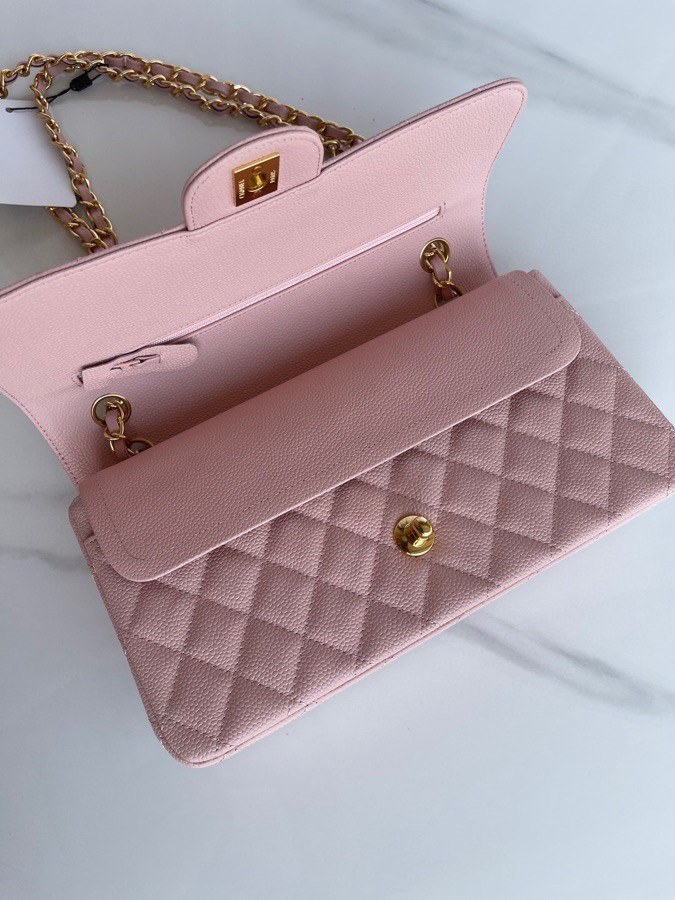 Ch*el CLASSIC HANDBAG GRAINED CALFSKIN & GOLD-TONE METAL PINK 6 × 9.9 × 2.5 in