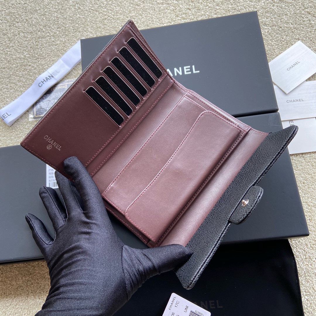 Ch*el FLAP WALLET GRAINED LEATHER BLACK 19.5 x10 cm