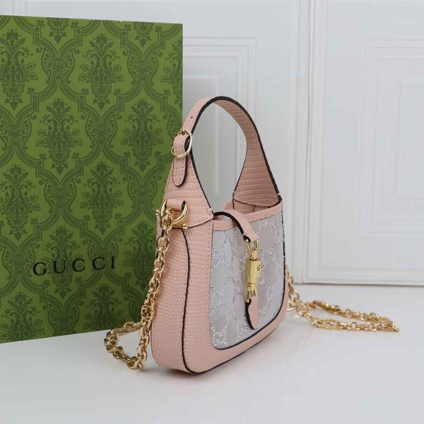 G*u*i Jackie 1961 mini crystal GG lizard bag 19x13x3cm