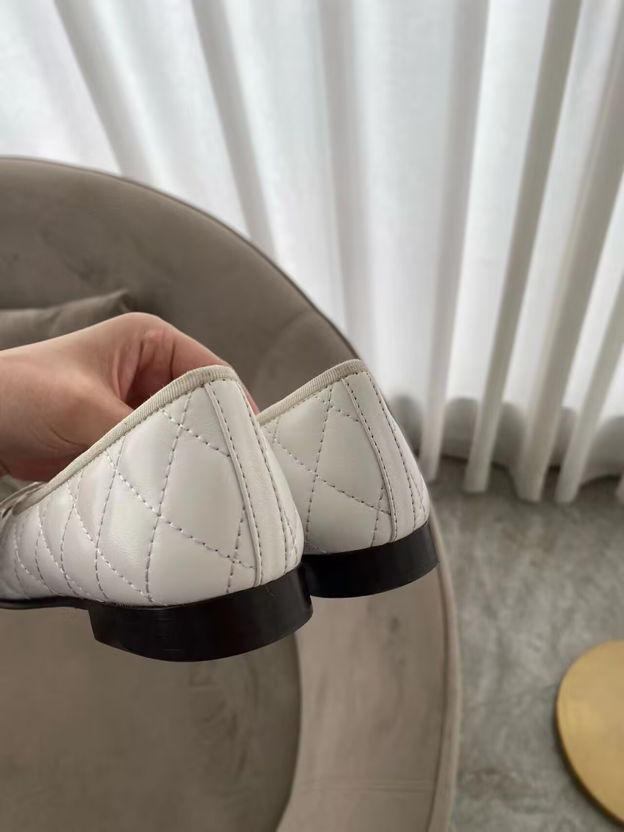 Ch*el BALLET FLATS  Aged Calfskin White & Black