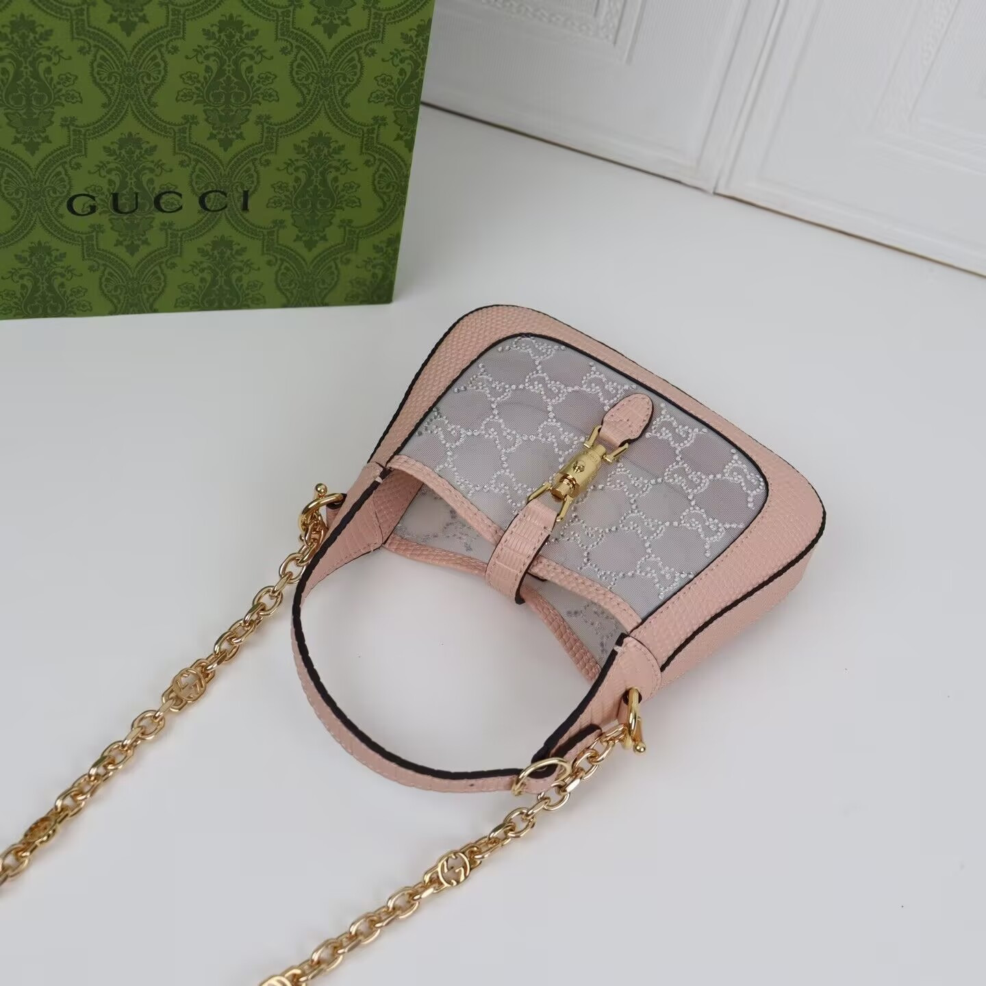 G*u*i Jackie 1961 mini crystal GG lizard bag 19x13x3cm