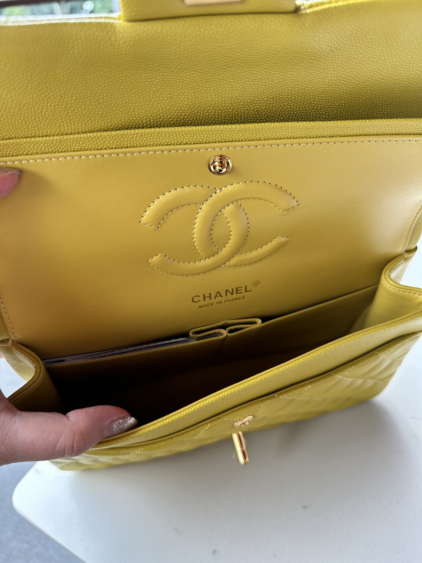Ch*el CLASSIC HANDBAG GRAINED CALFSKIN & GOLD-TONE METAL yellow 6×9.9×2.5 in