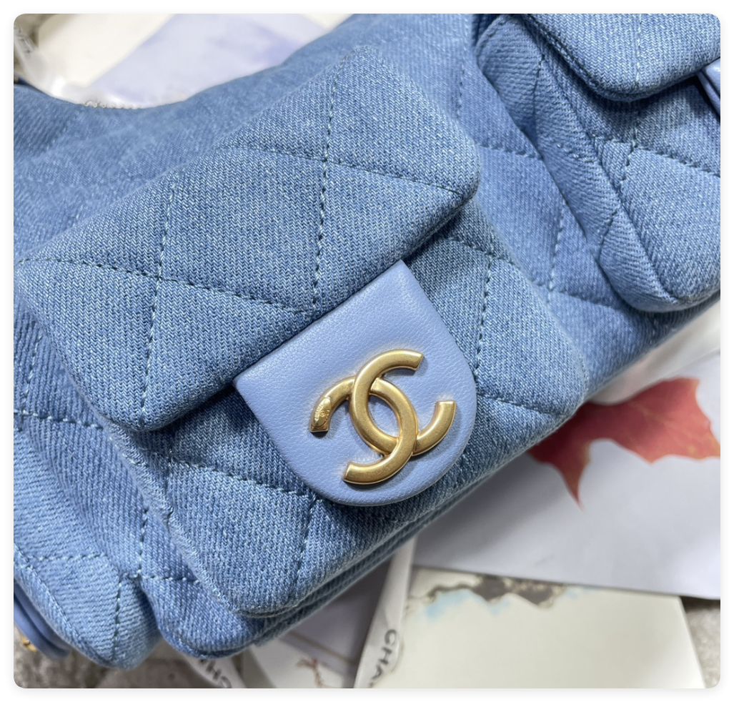 Ch*el CRUISE 2024/25 LARGE HOBO BAG Washed Denim & Gold-Tone Metal Blue  22x 31x 15cm