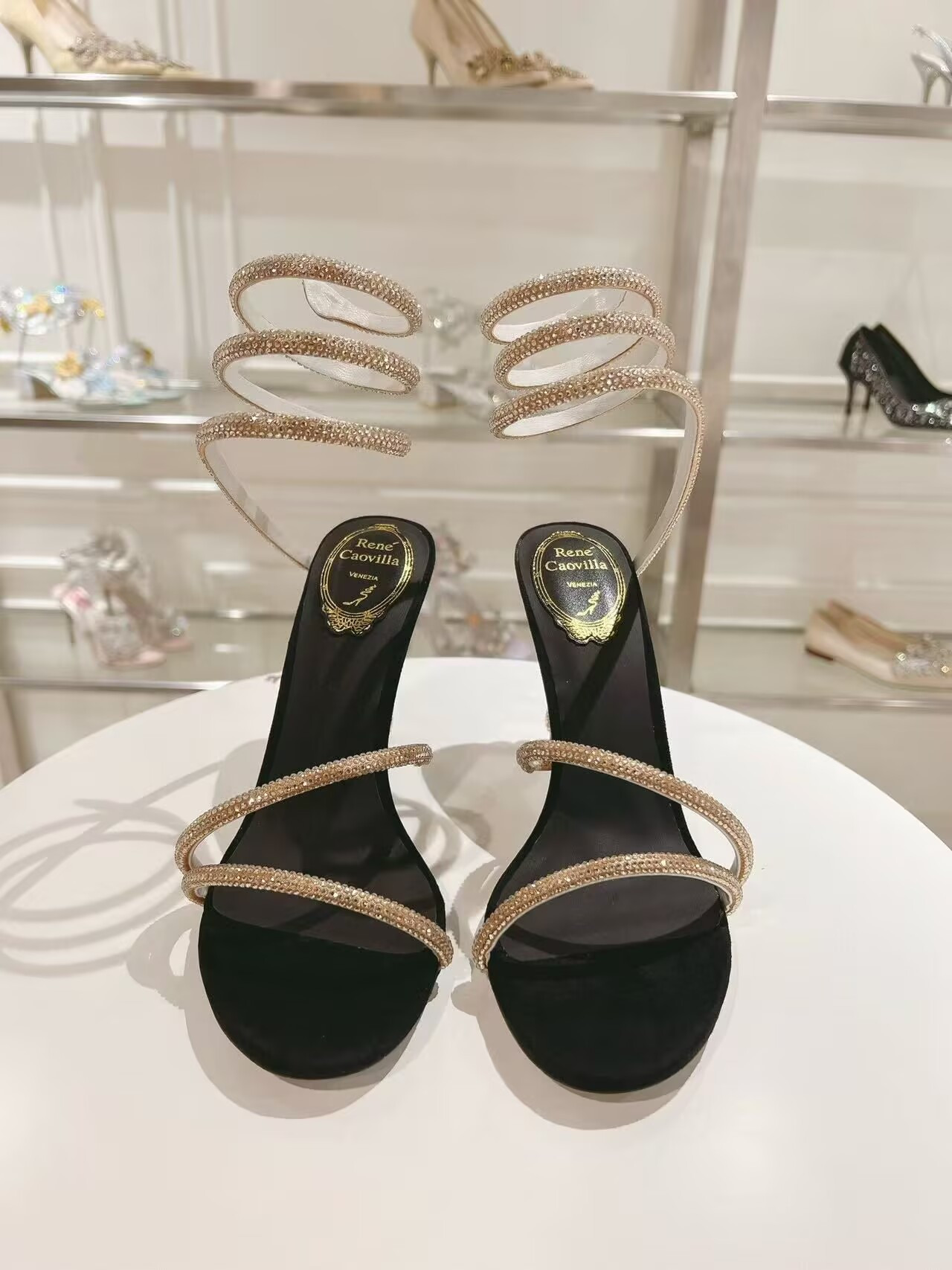 UA RENÉ CAOVILLA MARGOT BLACK JEWEL SANDALS SNAKE 95mm