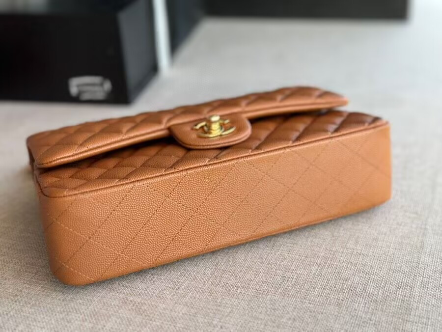 Ch*el Classic Handbag in Grained Litchi Pattern Calfskin & Gold-Tone Metal 6 × 9.9 × 2.5 inches