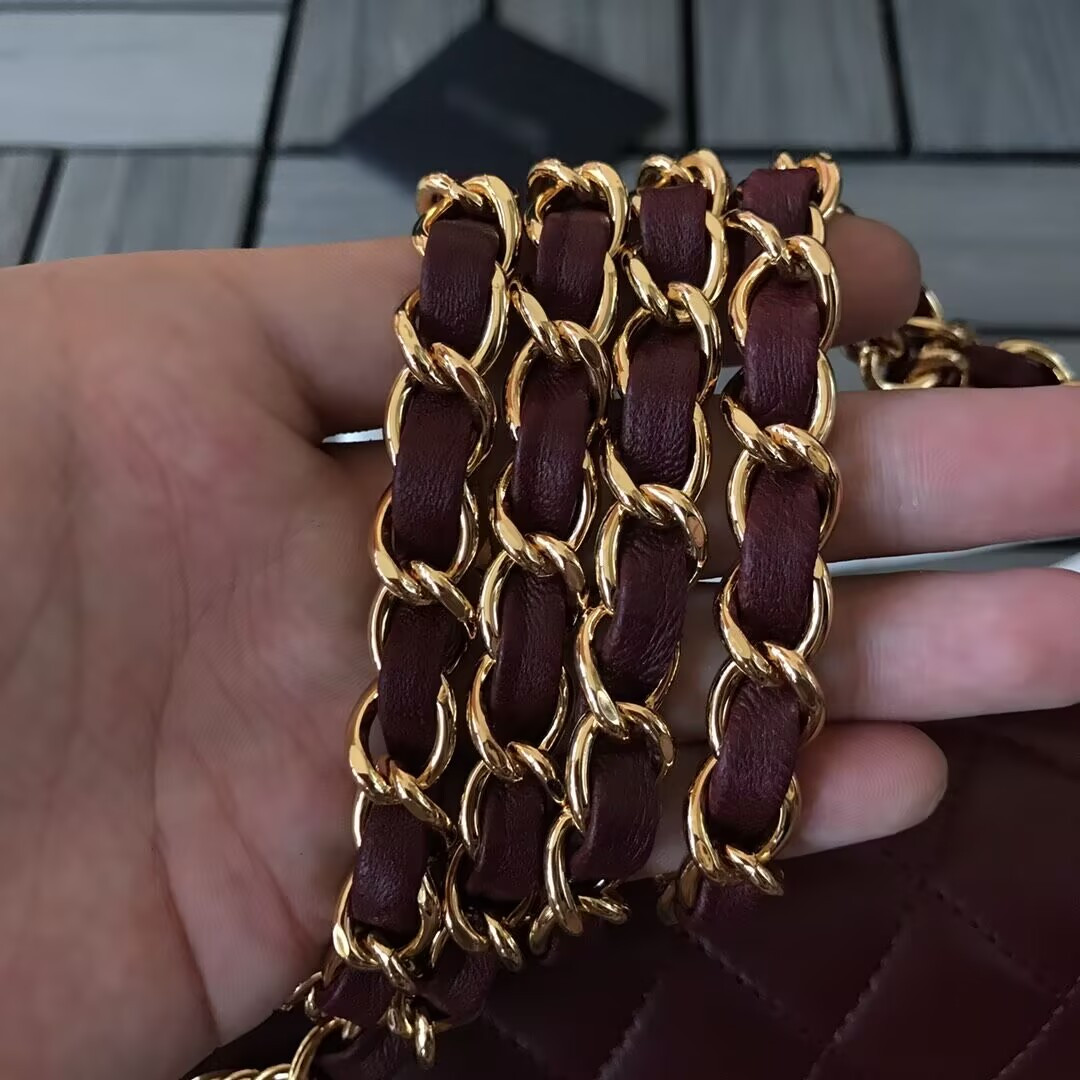 Ch*el CLASSIC 11.12 HANDBAG  Lambskin &Brown Metal Burqundy 15.5 x 25.5 x 6.5 cm