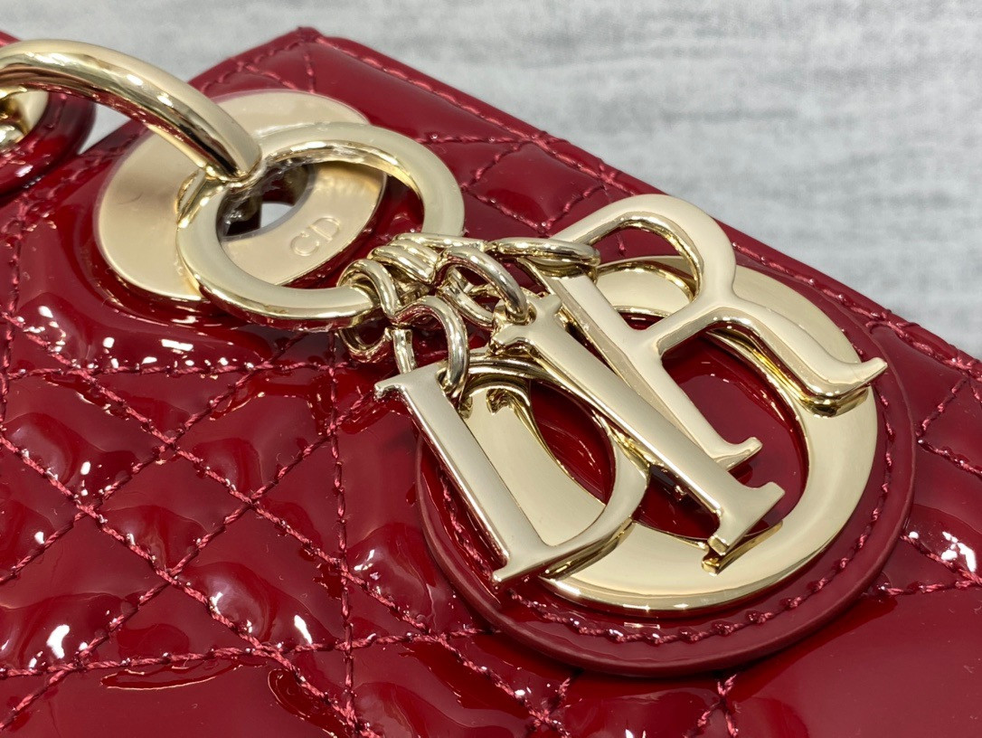 Mini Lady D*0r Bag  Cherry Red Patent Cannage Calfskin 6.5 x 6 x 3 inches