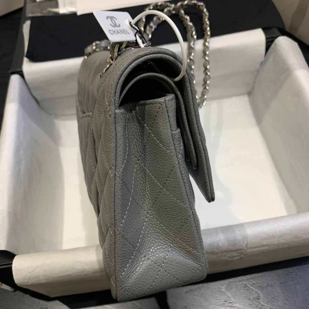 Ch*el Classic Handbag in Grained Litchi Pattern Calfskin & Silver-Tone Metal, Gray 6 × 9.9 × 2.5 inches