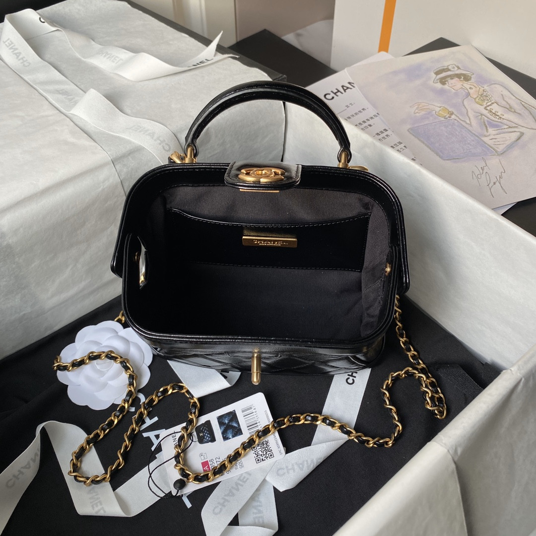 Ch*el MINI BAG WITH TOP HANDLE Shiny Lambskin & Gold-Tone Metal Black 12 × 18 × 7 cm