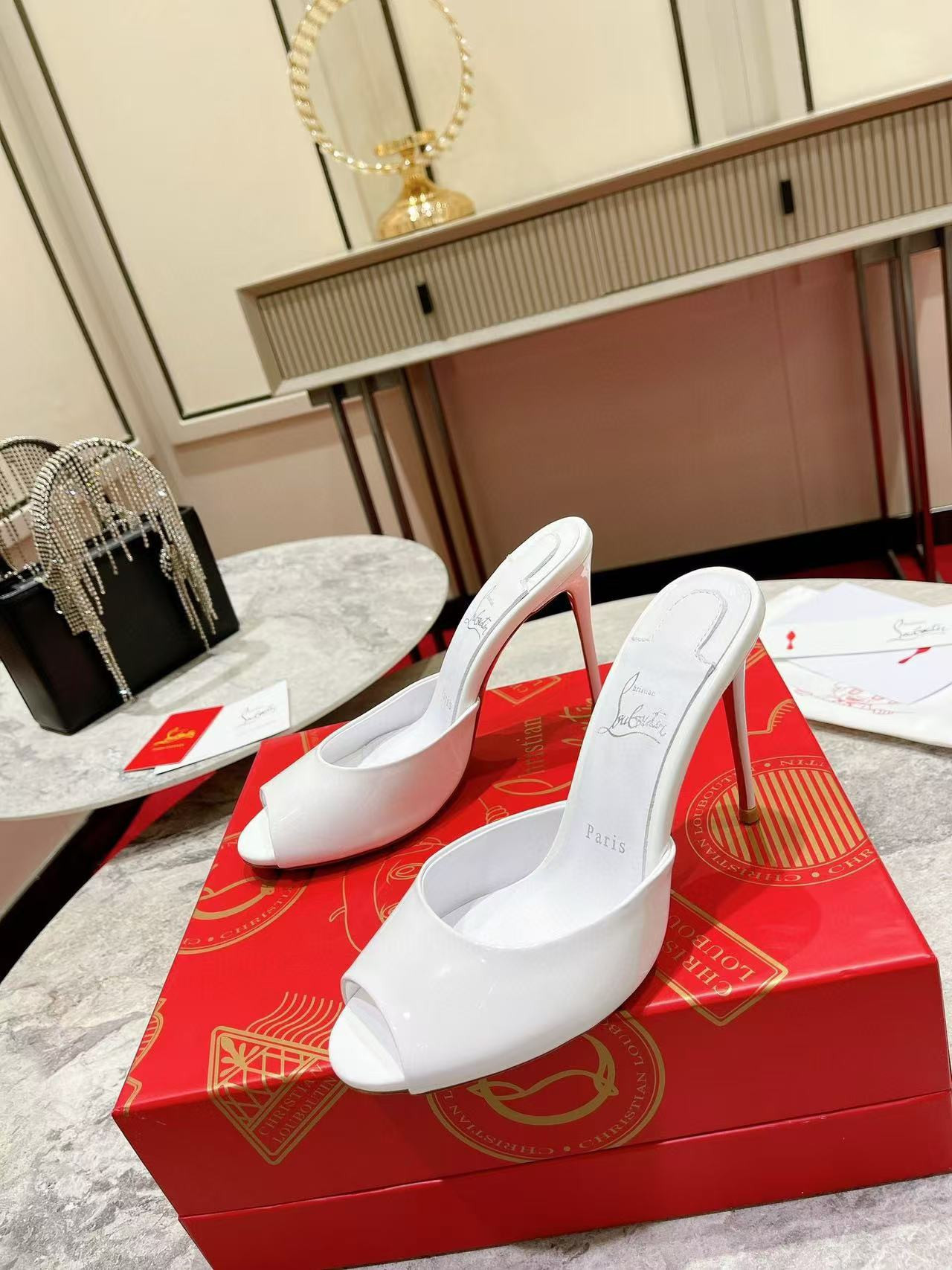UA Ch**an Louboutin Bridal Me Dolly 100 Patent Leather Mules