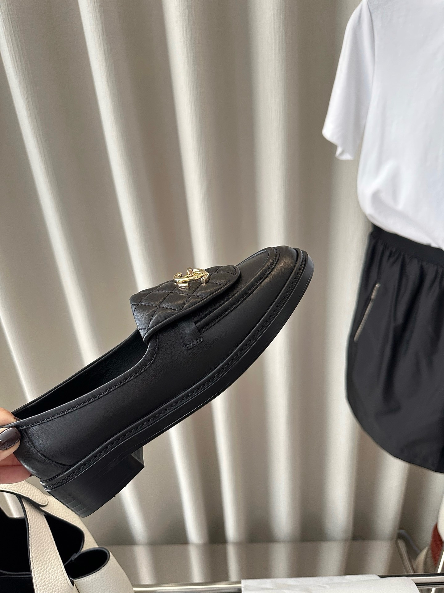 Ch*el Quilted Tab Loafers  Black Leather