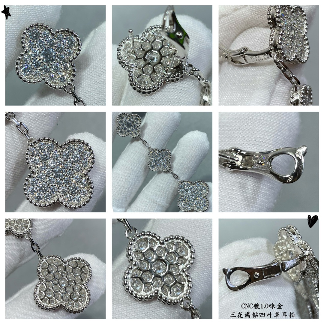 V*N CL*F & Arpels Full diamond three flower four leaf clover Earrings