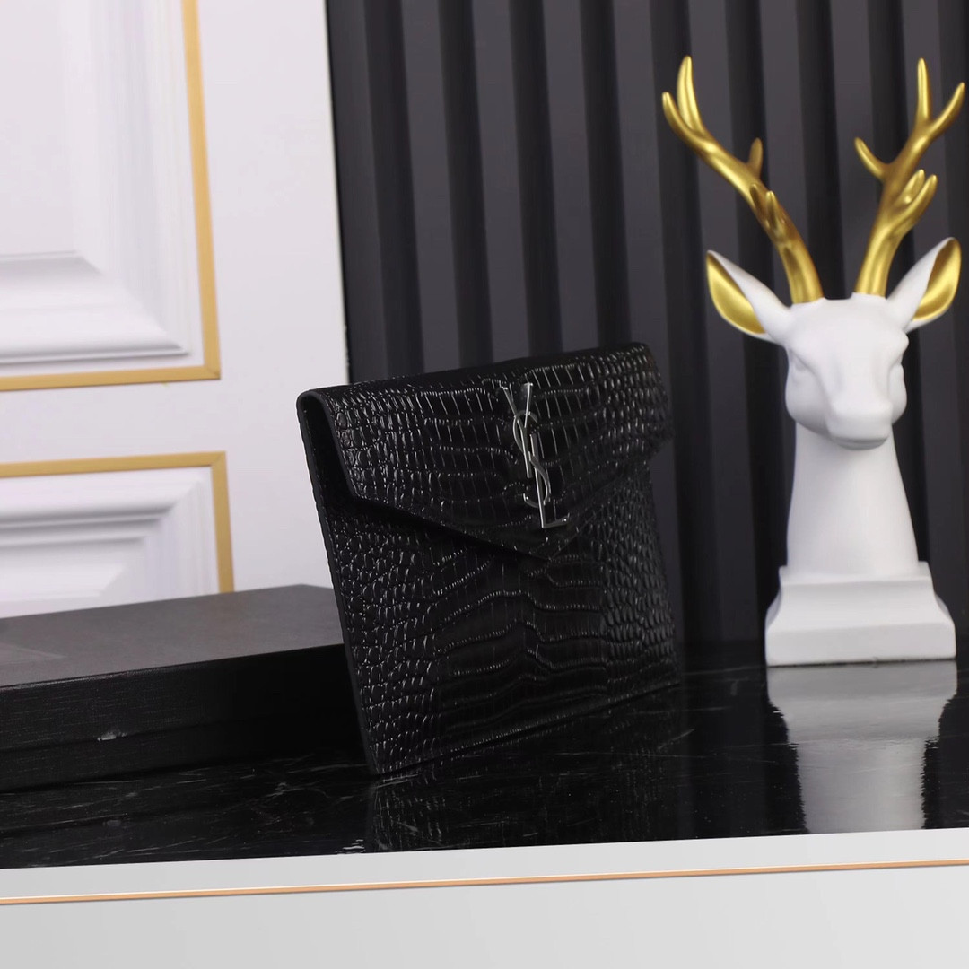 Y*L UPTOWN POUCH IN CROCODILE-EMBOSSED SHINY LEATHER BLACK 10.6 X 6.2 X 0.7 INCHES