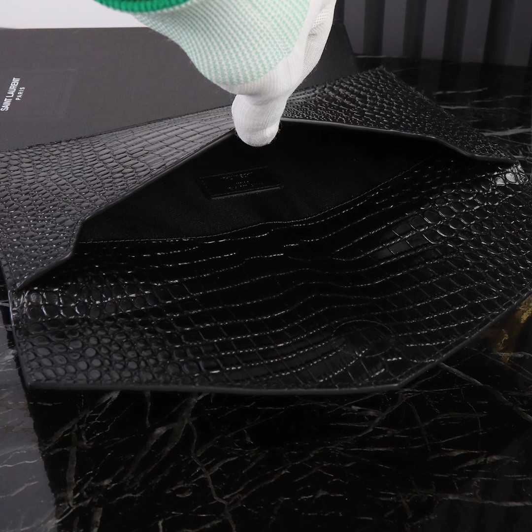 Y*L UPTOWN POUCH IN CROCODILE-EMBOSSED SHINY LEATHER BLACK 10.6 X 6.2 X 0.7 INCHES