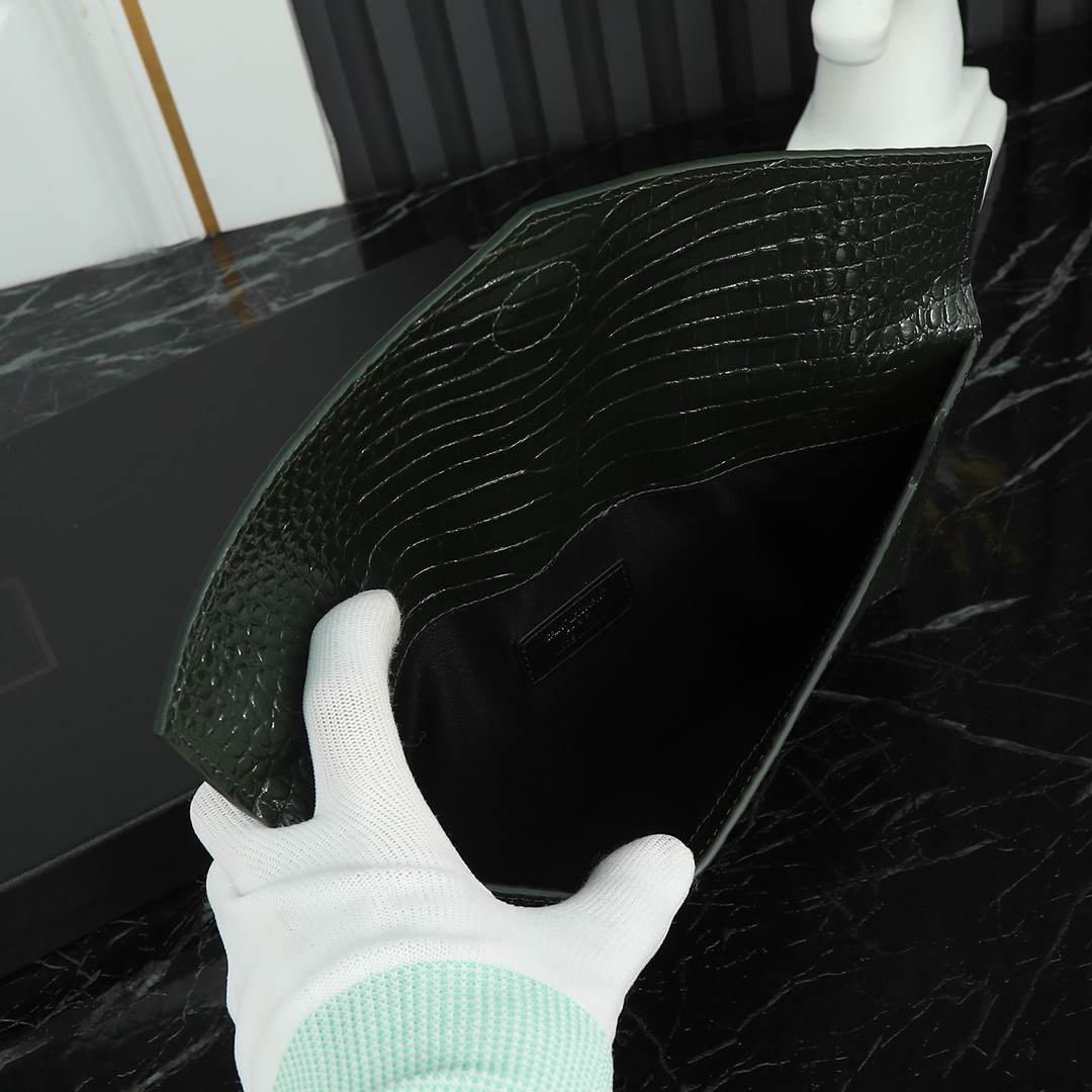 Y*L UPTOWN POUCH IN CROCODILE-EMBOSSED SHINY LEATHER BLACK 10.6 X 6.2 X 0.7 INCHES