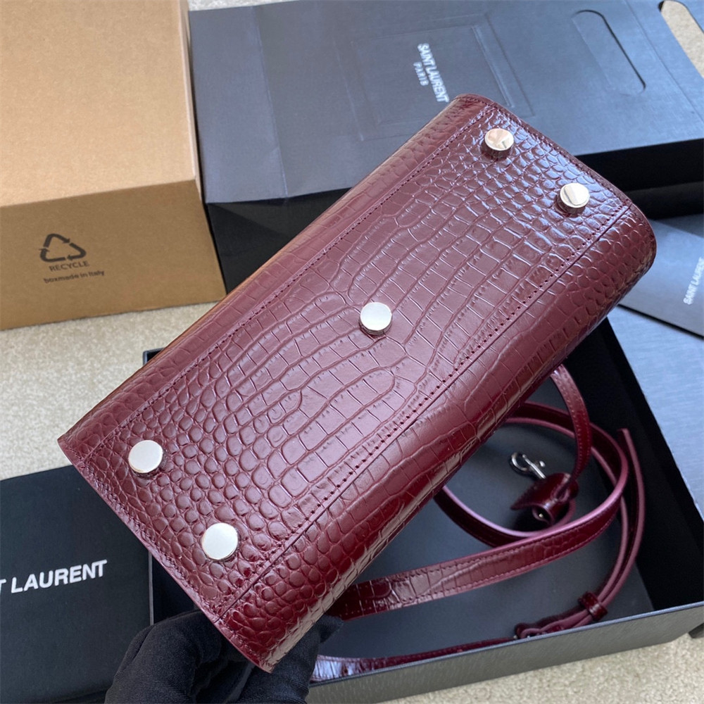 Y*L SAC DE JOUR NANO IN CROCODILE EMBOSSED LEATHER ROUGE LEGION 8.6 X 6.8 X 3.5 INCHES