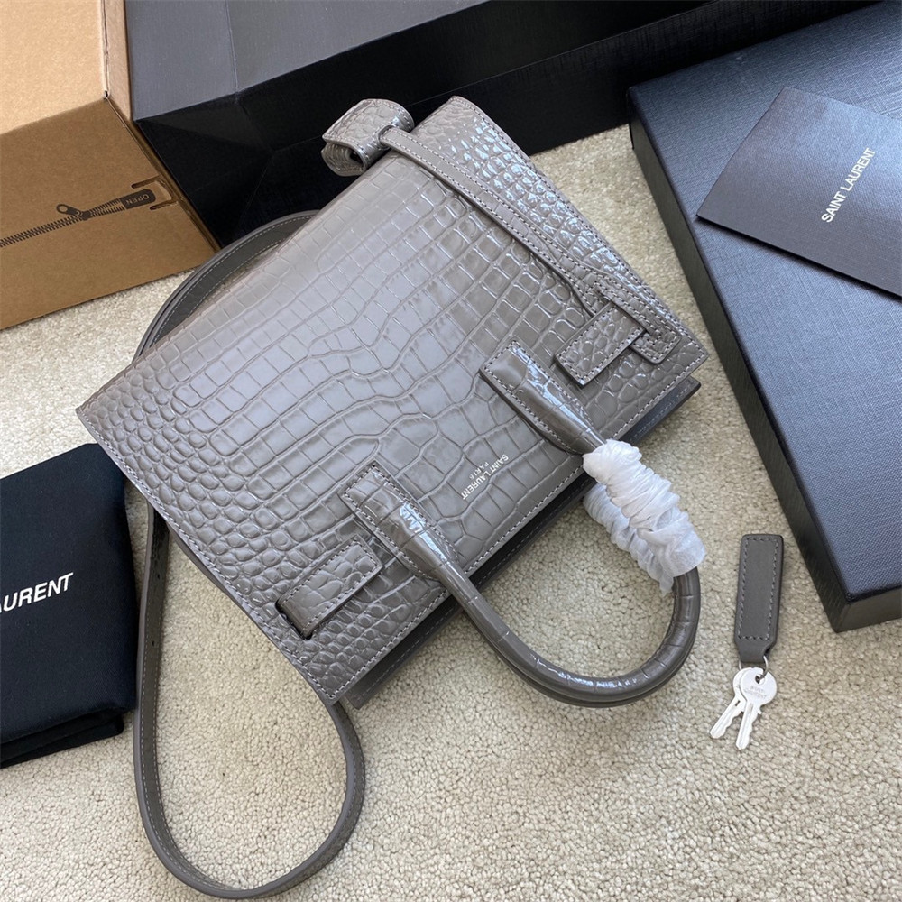 Y*L SAC DE JOUR NANO IN CROCODILE EMBOSSED LEATHER DARK GREY 8.6 X 6.8 X 3.5 INCHES