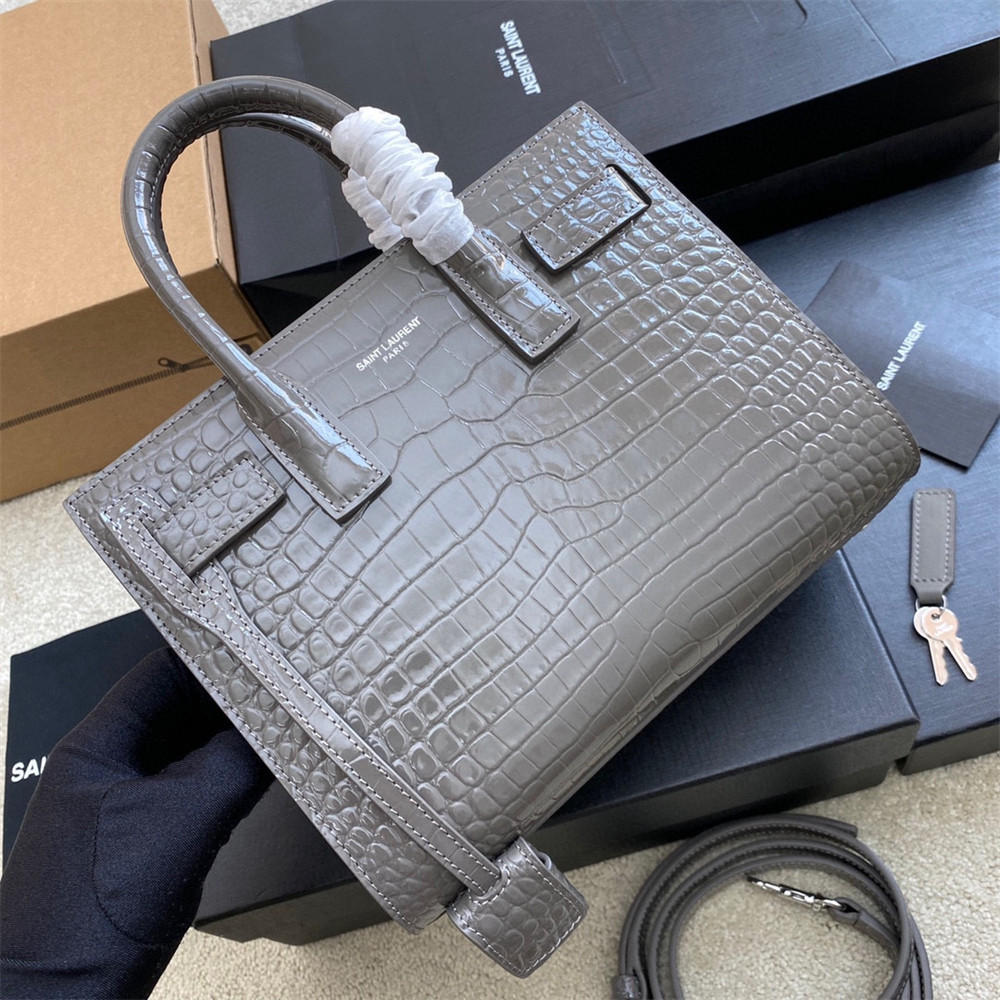 Y*L SAC DE JOUR NANO IN CROCODILE EMBOSSED LEATHER DARK GREY 8.6 X 6.8 X 3.5 INCHES