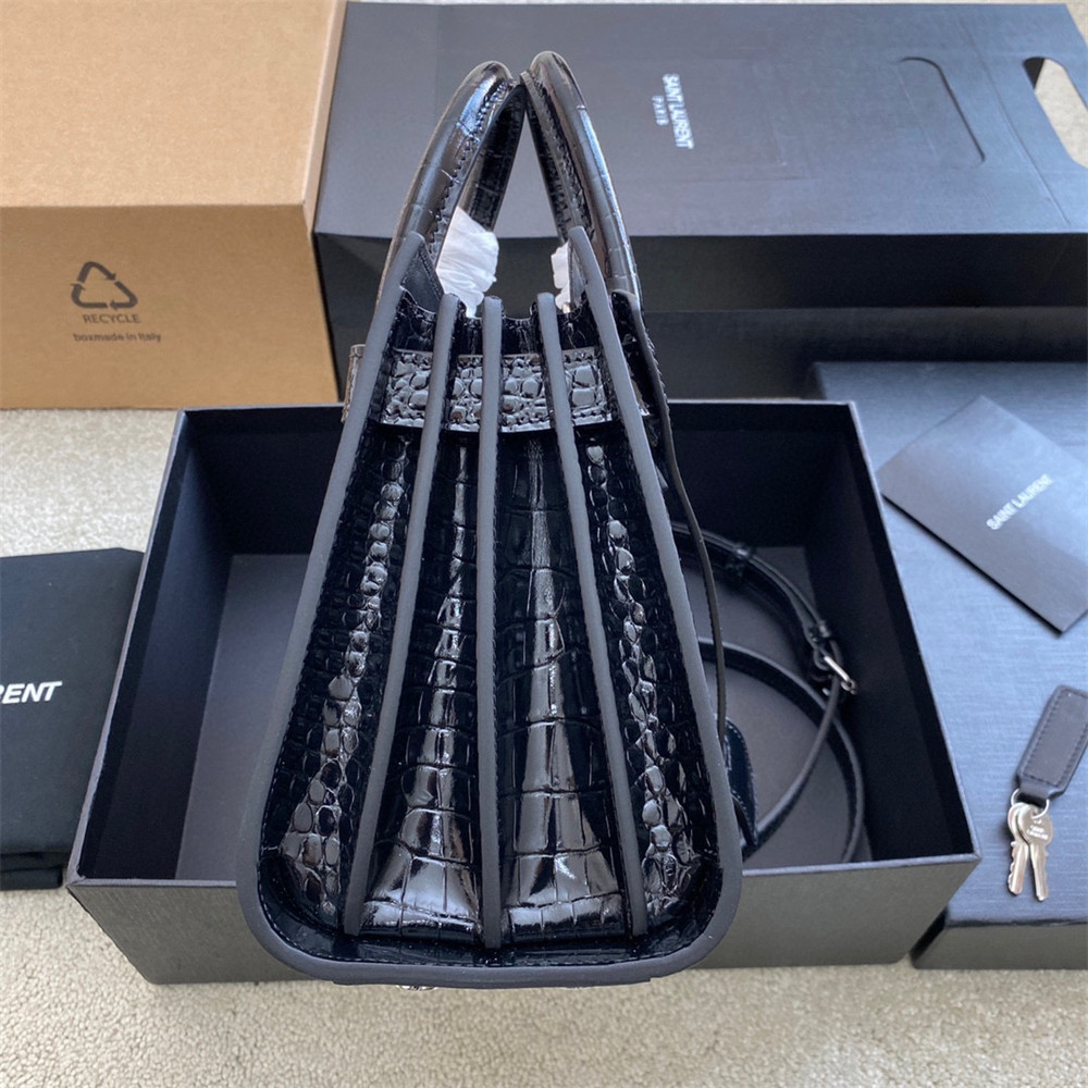 Y*L SAC DE JOUR NANO IN CROCODILE EMBOSSED LEATHER BLACK 8.6 X 6.8 X 3.5 INCHES