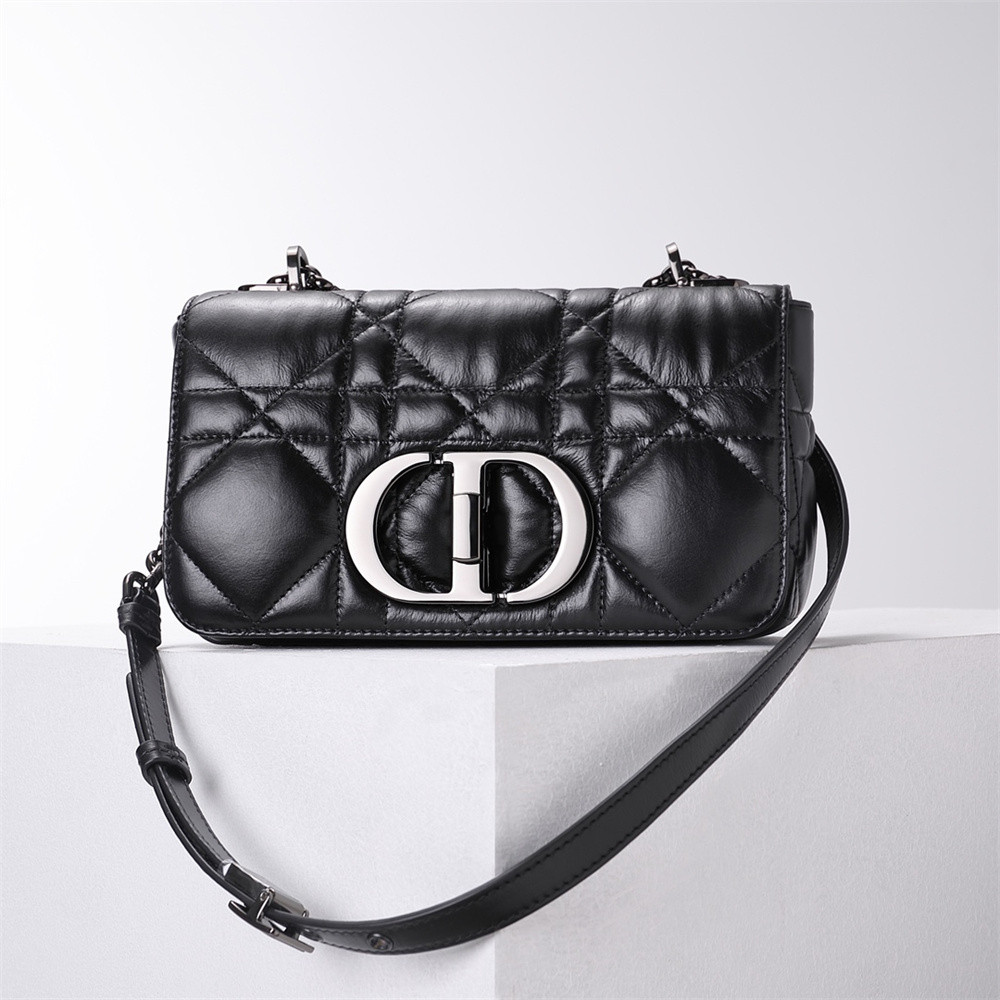 LARGE D*0r CARO BAG Black S*pple Cannage Calfskin With Silver Hardware 29 x 18 x 10 cm