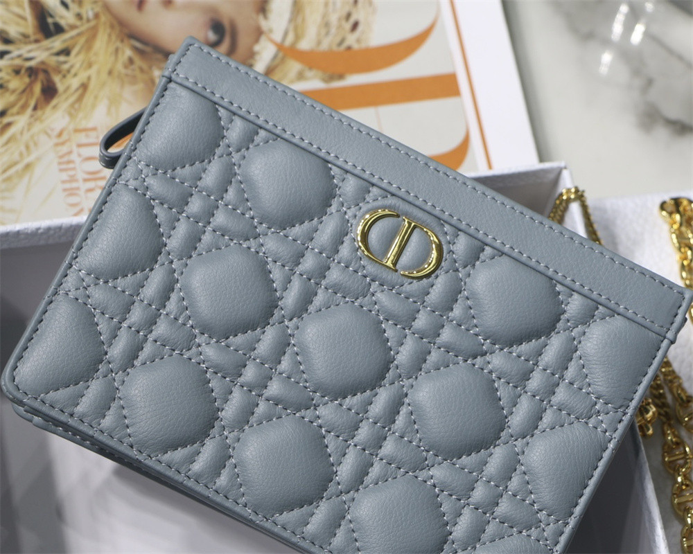 D*0r CARO ZIPPED POUCH WITH CHAIN Blue S*pple Cannage Calfskin 19 x 14 x 4.5 cm