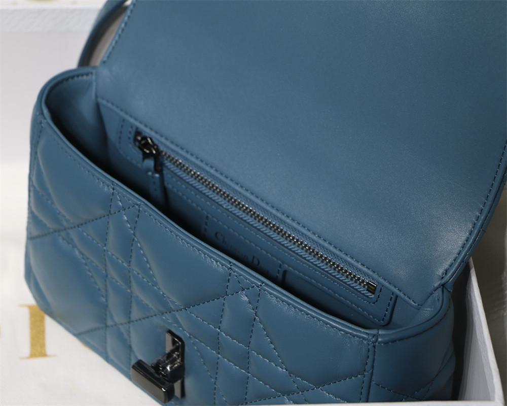 SMALL D*0r CARO BAG Navy S*pple Cannage Calfskin With Silver Hardware 20 x 12 x 7 cm