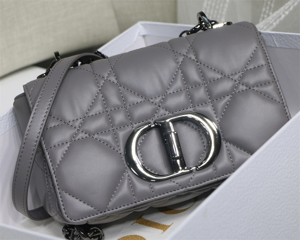 SMALL D*0r CARO BAG Grey S*pple Cannage Calfskin With Silver Hardware 20 x 12 x 7 cm