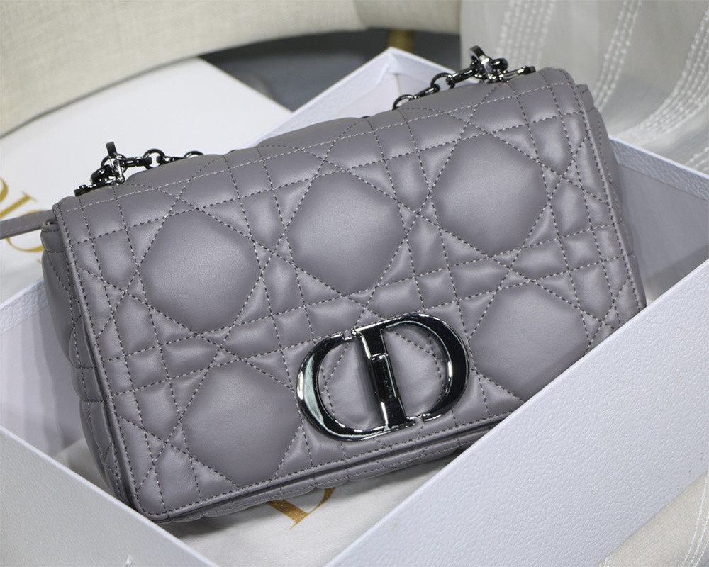 MEDIUM D*0r CARO BAG Grey S*pple Cannage Calfskin With Silver Hardware 25.5 x 15.5 x 8 cm