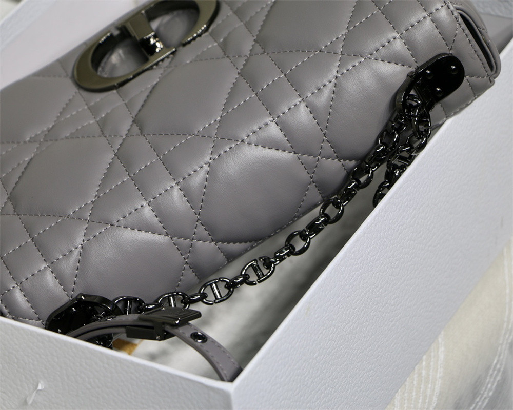 MEDIUM D*0r CARO BAG Grey S*pple Cannage Calfskin With Silver Hardware 25.5 x 15.5 x 8 cm