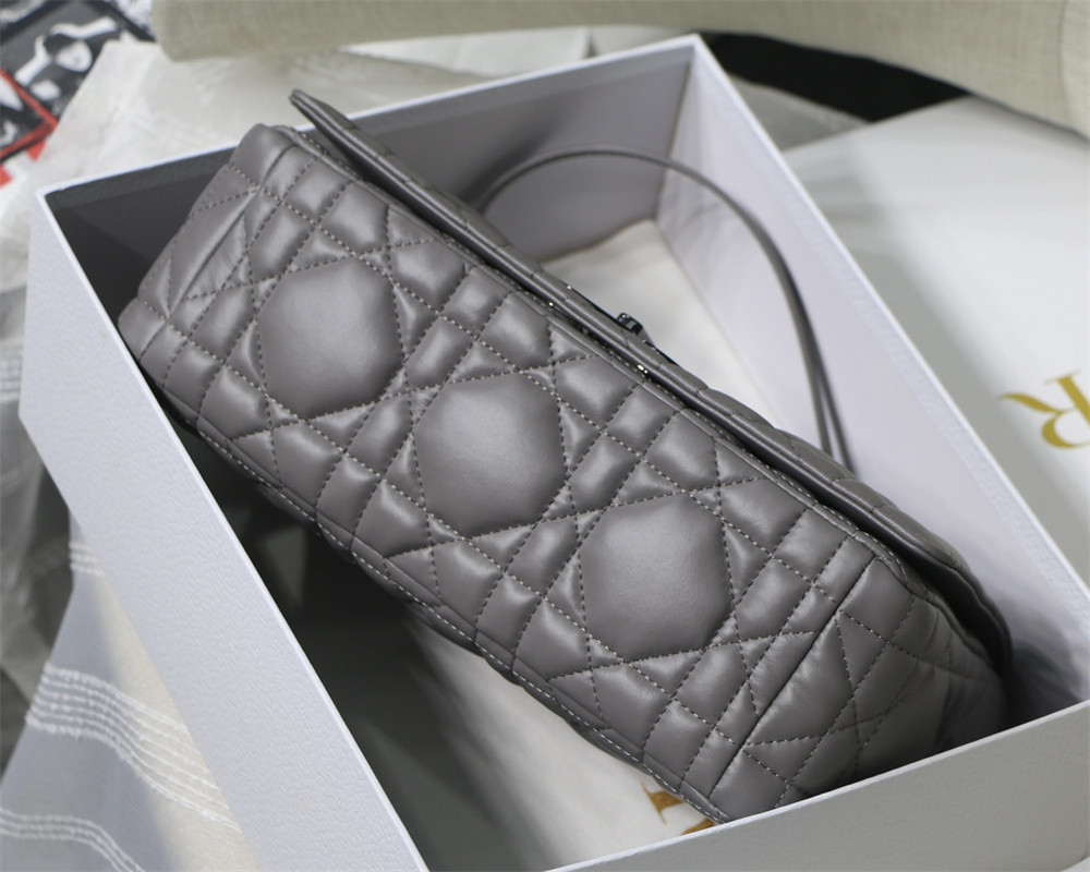 LARGE D*0r CARO BAG Stone Gray S*pple Cannage Calfskin With Silver Hardware 29 x 18 x 10 cm