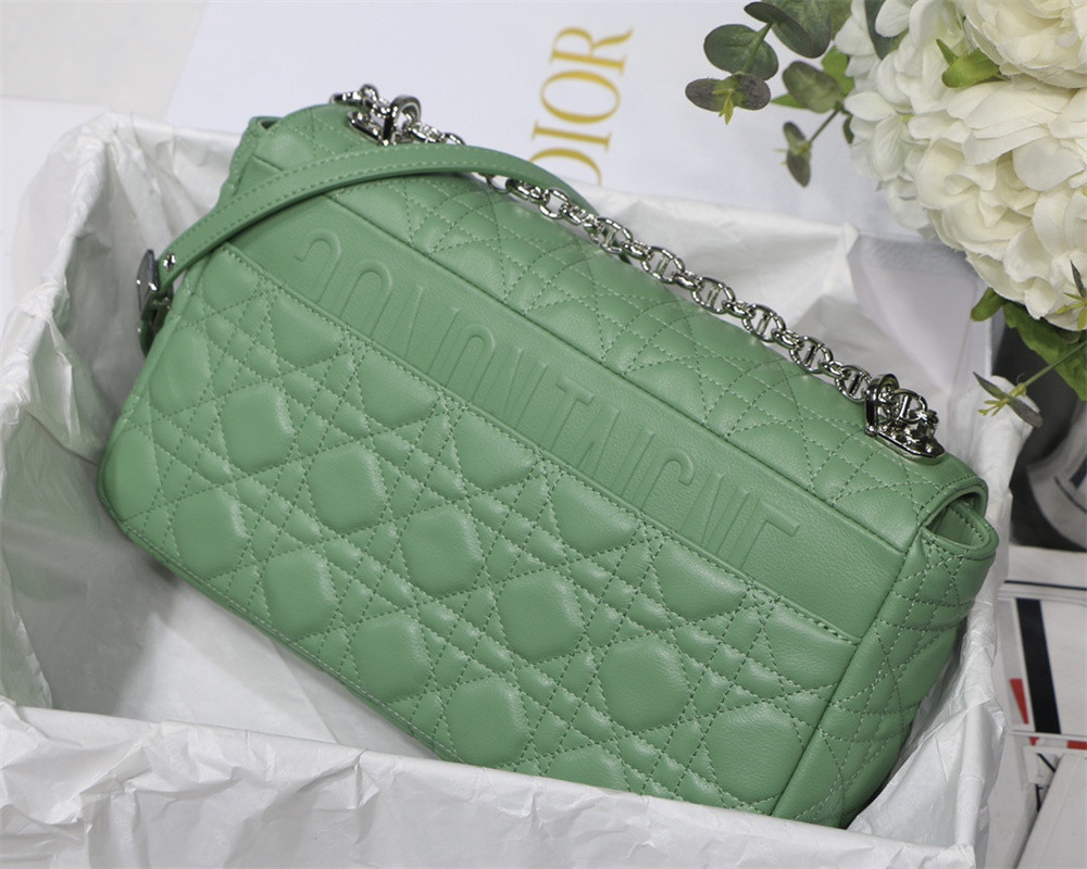 LARGE D*0r CARO BAG Green S*pple Cannage Calfskin With Silver Hardware 29 x 18 x 10 cm