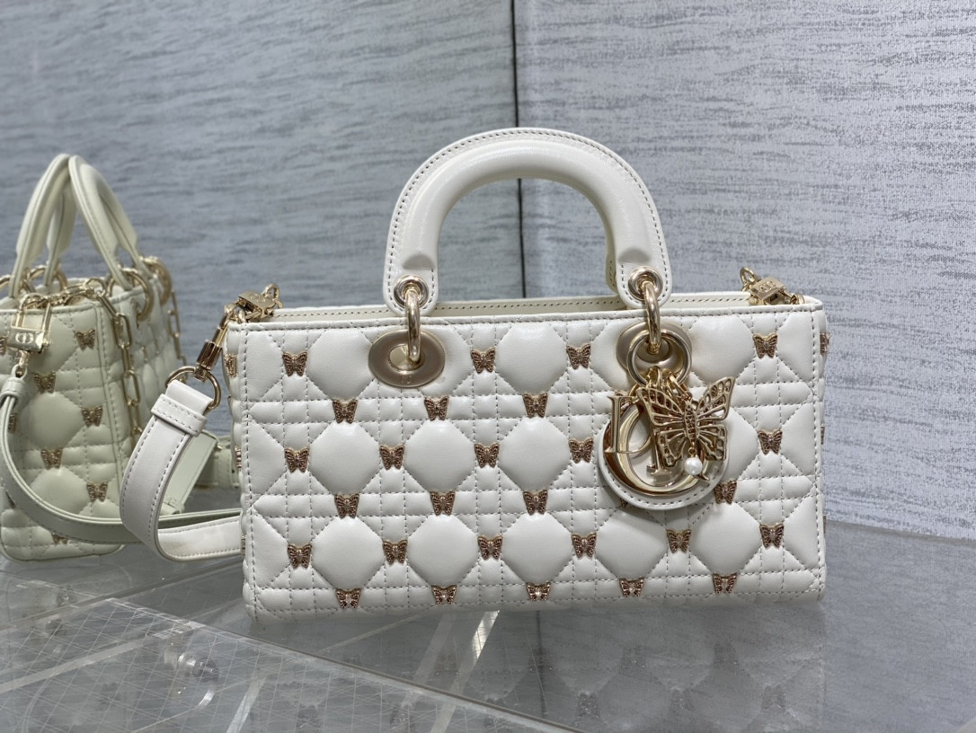 D*0r MEDIUM LADY D-JOY BAG White with Butterfly Studs