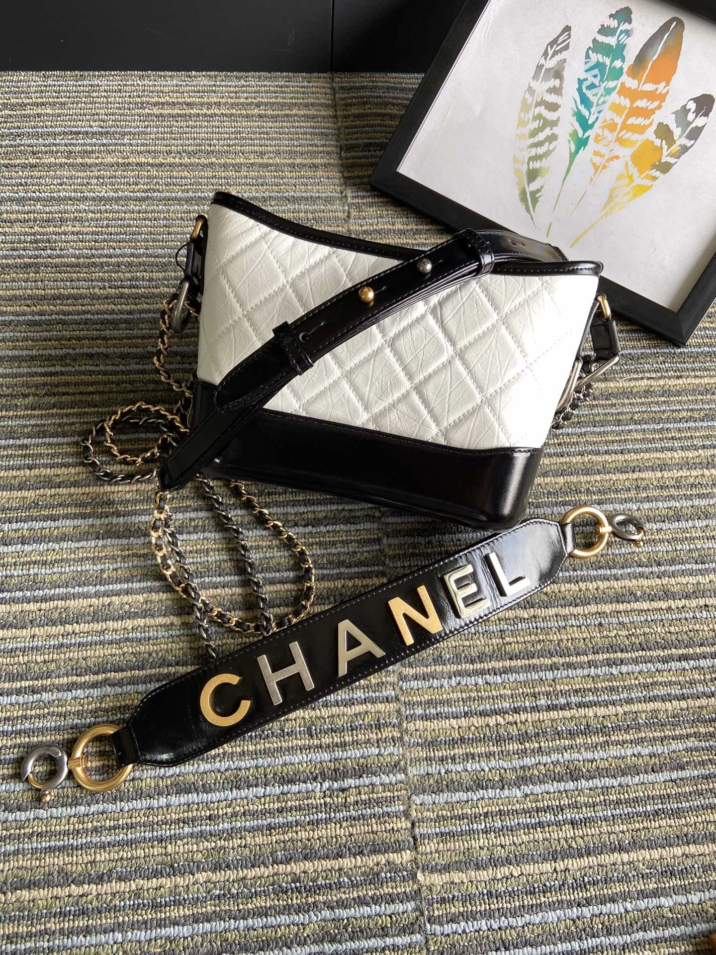 Ch*el Gabrielle SMALL WHITE BLACK with shoulder strap letters 20 x 15 x 8cm