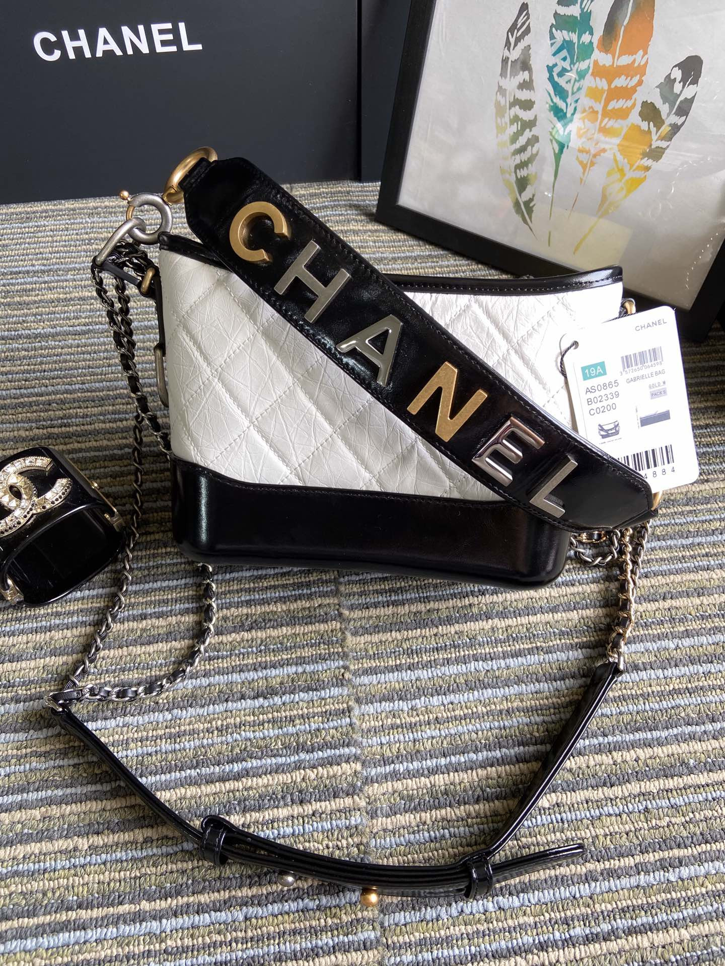 Ch*el Gabrielle SMALL WHITE BLACK with shoulder strap letters 20 x 15 x 8cm