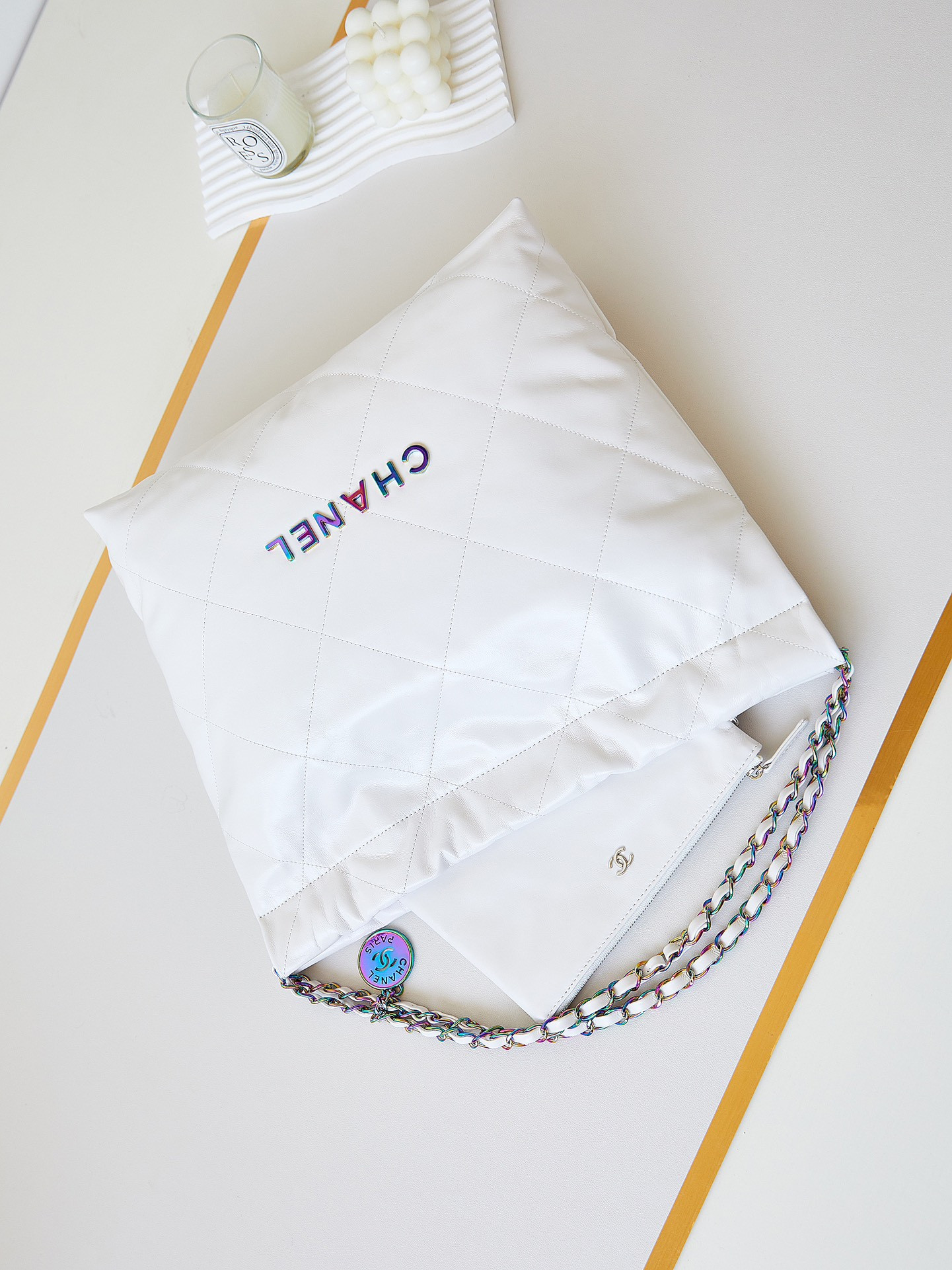 Ch*el 22 SMALL HANDBAG Shiny Calfskin & Rainbow Metal White 15.2×16.4×3.1 in