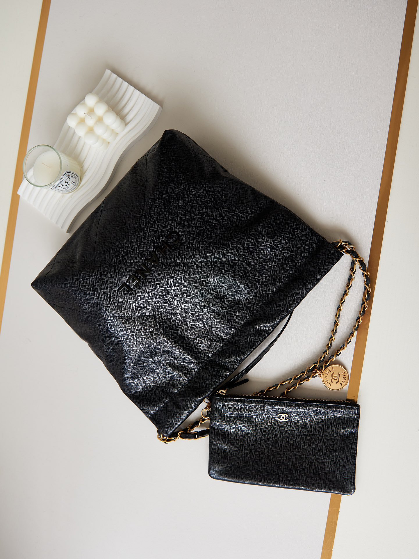 Ch*el 22 SMALL HANDBAG Shiny Calfskin & GOLD Metal BLACK 13.7×14.4×2.7 in