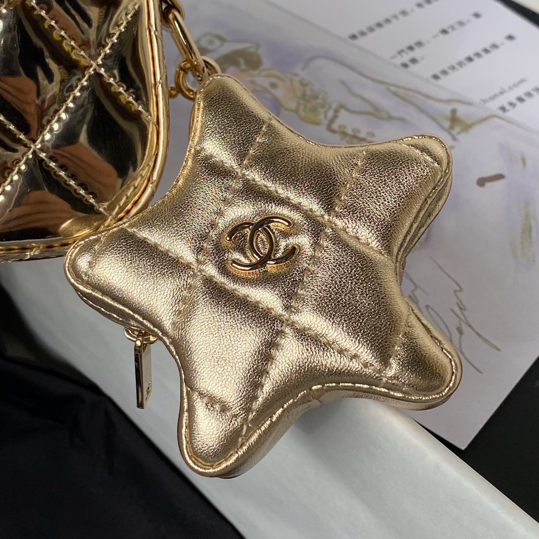 Ch*el FLAP BAG & STAR COIN PURSE GOLD 12.5×19×5cm