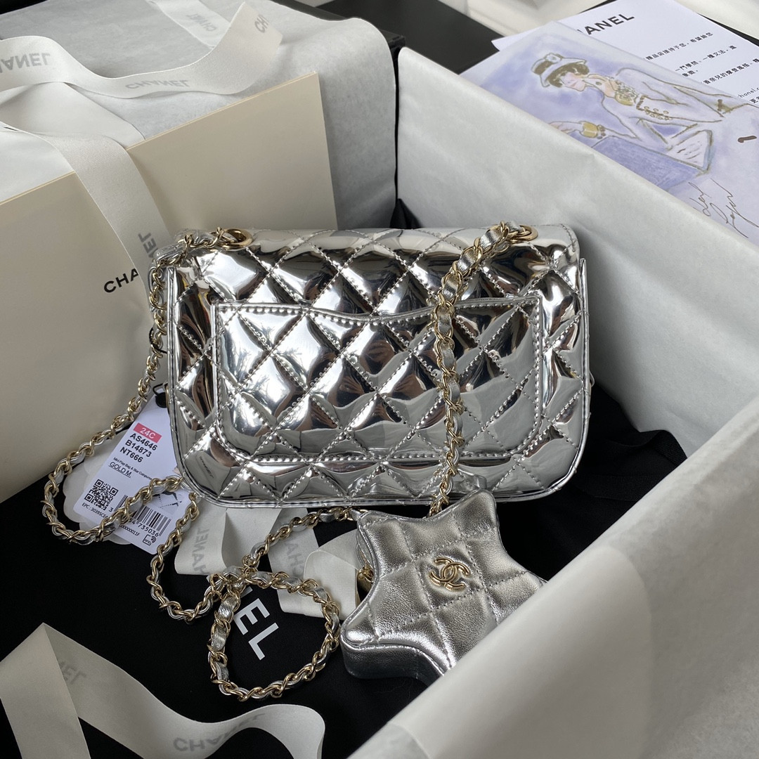Ch*el FLAP BAG & STAR COIN PURSE SILVER 12.5×19×5cm