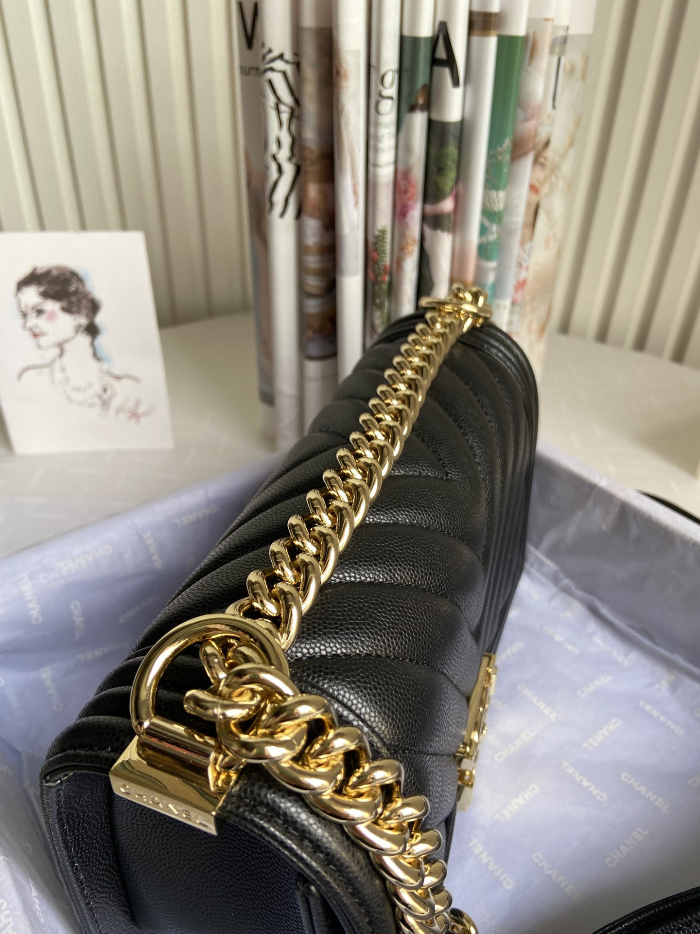 BOY Ch*el HANDBAG Shiny Grained Calfskin & Gold-Tone Metal Black 5.9 × 9.8 × 3.5 in