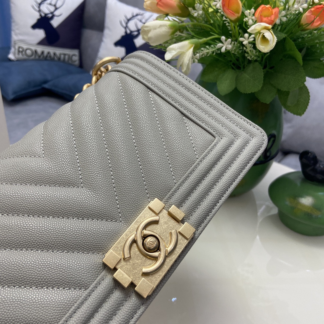 BOY Ch*el HANDBAG Shiny Grained Calfskin & Gold-Tone Metal Gray 5.9 × 9.8 × 3.5 in