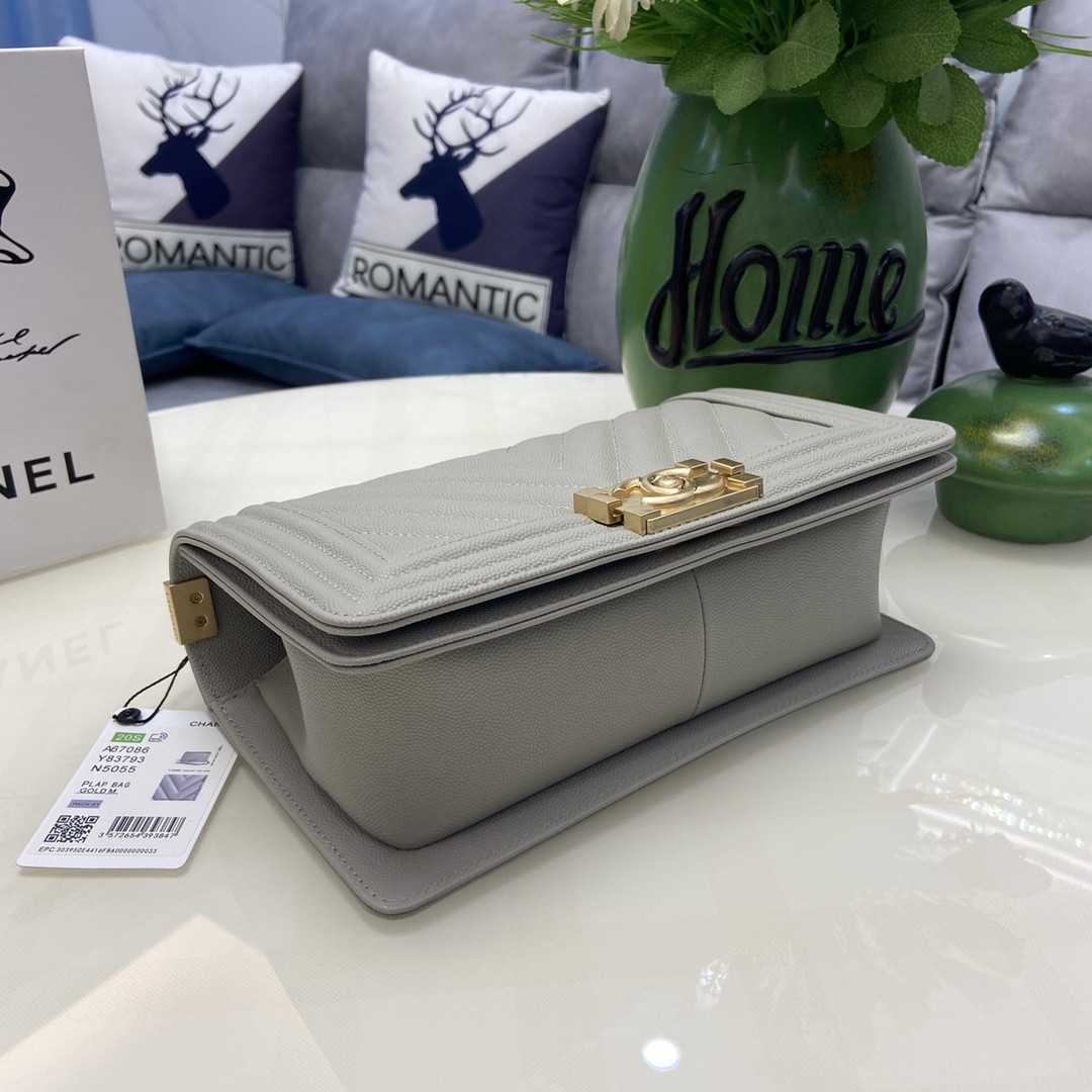 BOY Ch*el HANDBAG Shiny Grained Calfskin & Gold-Tone Metal Gray 5.9 × 9.8 × 3.5 in