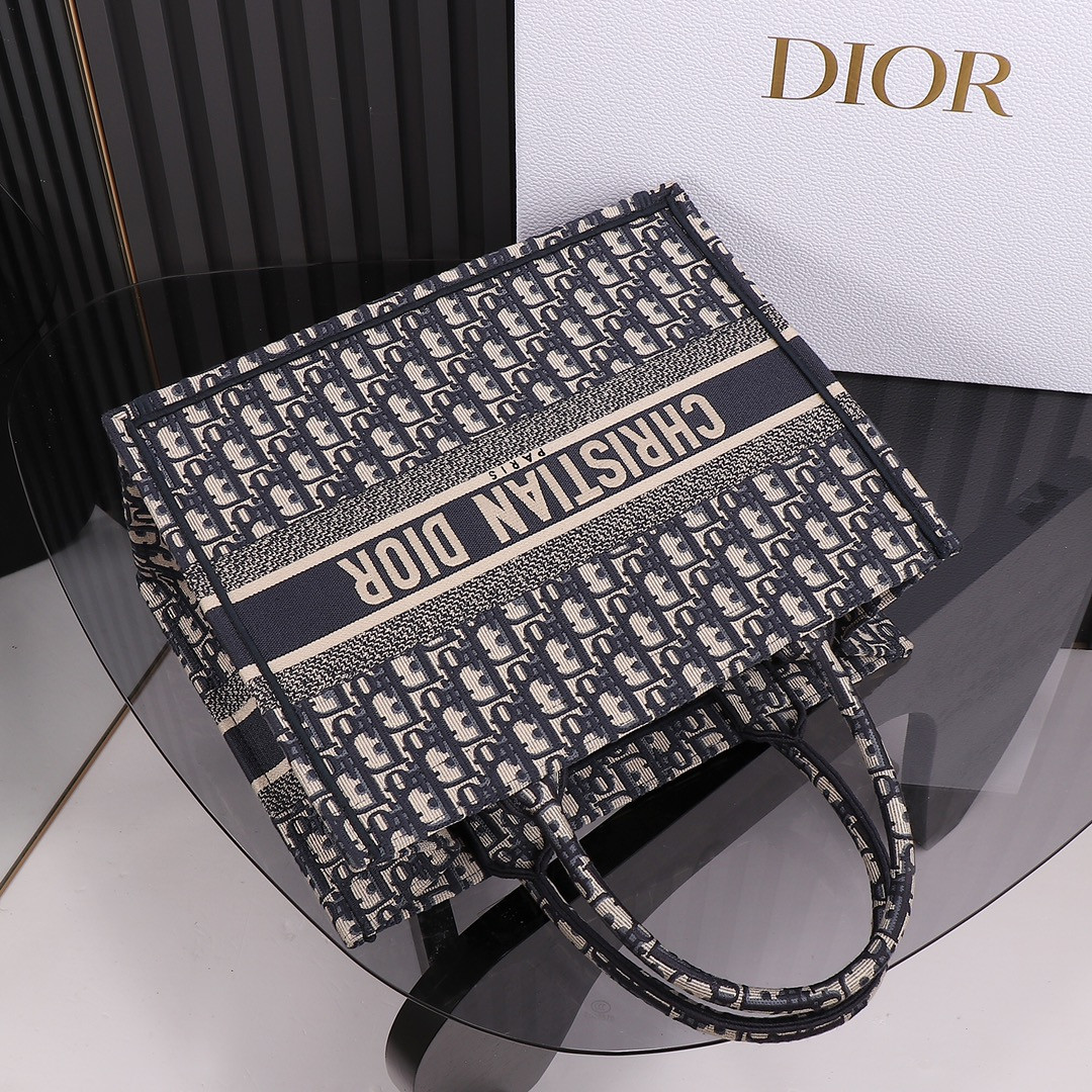 Medium D*0r Book Tote  Ecru and Blue D*0r Oblique Embroidery 14 x 11 x 6.5 inches