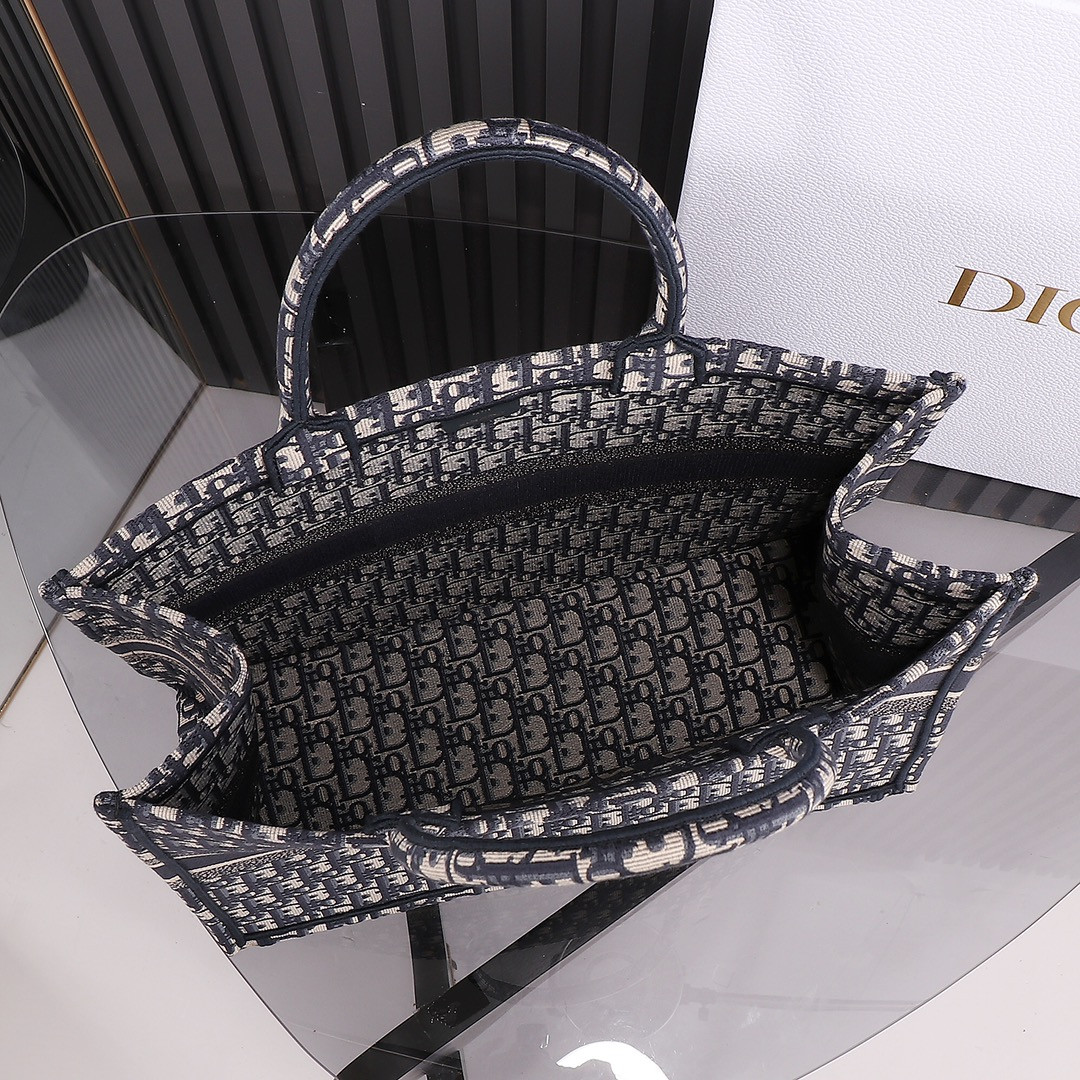 Large D*0r Book Tote  Ecru and Blue D*0r Oblique Embroidery 16.5 x 14 x 7.5 inches