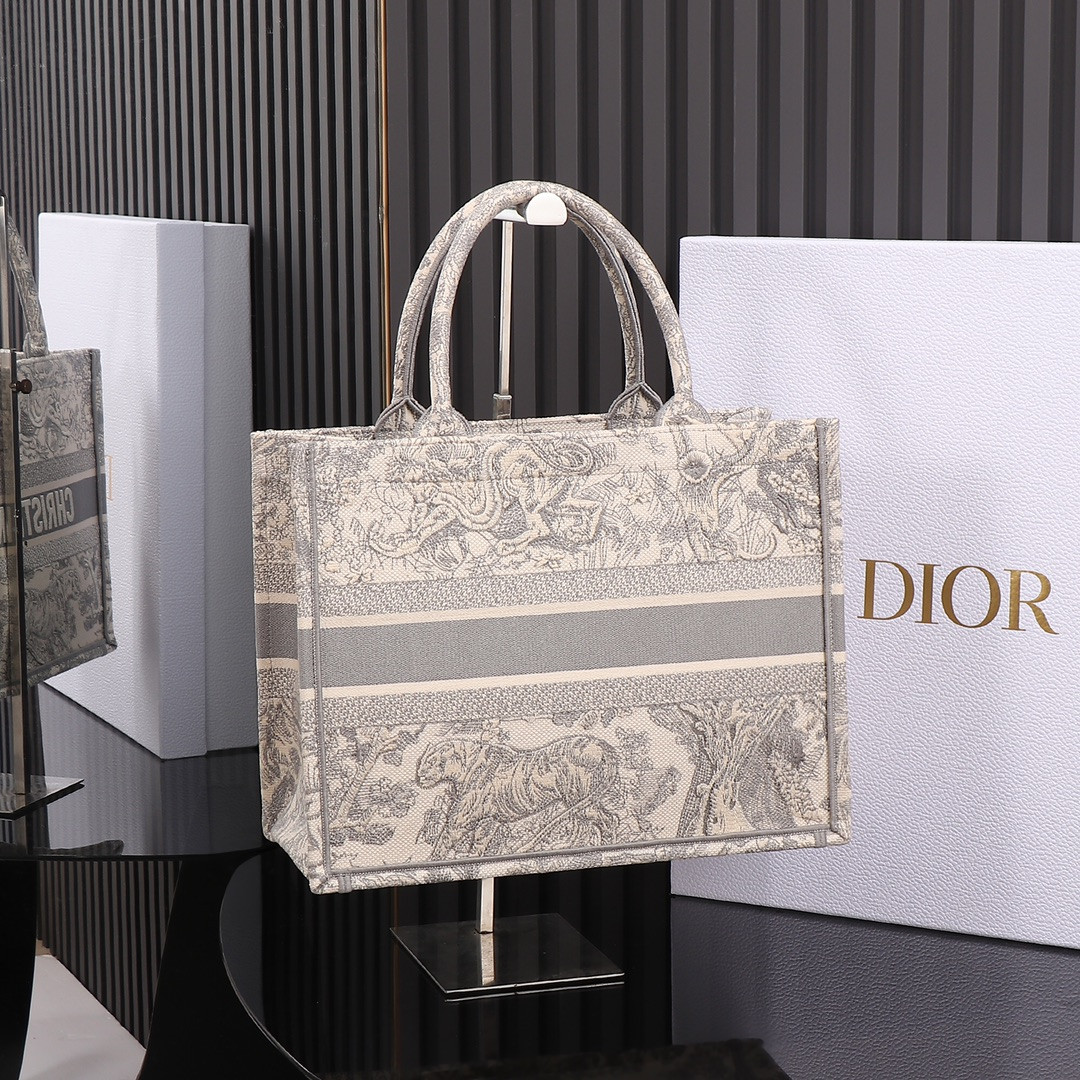 Medium D*0r Book Tote Ecru and Gray Toile de Jouy Embroidery 14 x 11 x 6.5 inches