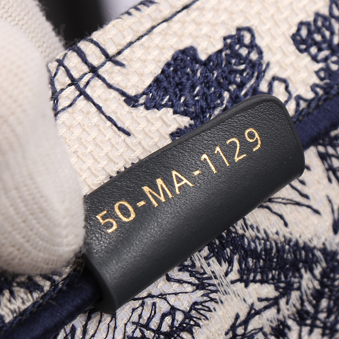 Medium D*0r Book Tote  Ecru and Blue Toile de Jouy Embroidery 14 x 11 x 6.5 inches