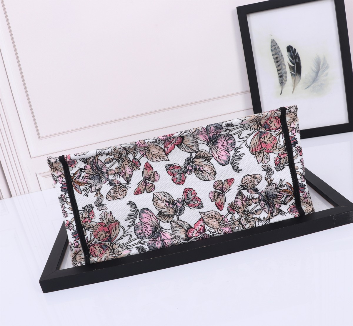 Medium D*0r Book Tote  White and Pastel Pink Butterfly Around The World Embroidery 14 x 11 x 6.5 inches