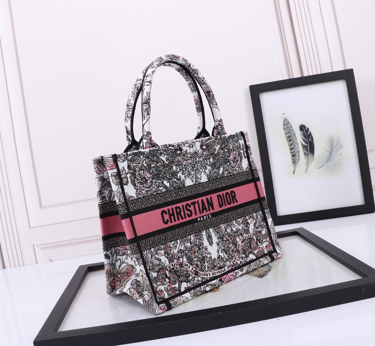 Small D*0r BOOK TOTE WHITE AND PASTEL PINK BUTTERFLY AROUND THE WORLD EMBROIDERY  10.5 x 8.5 x 5.5 inches