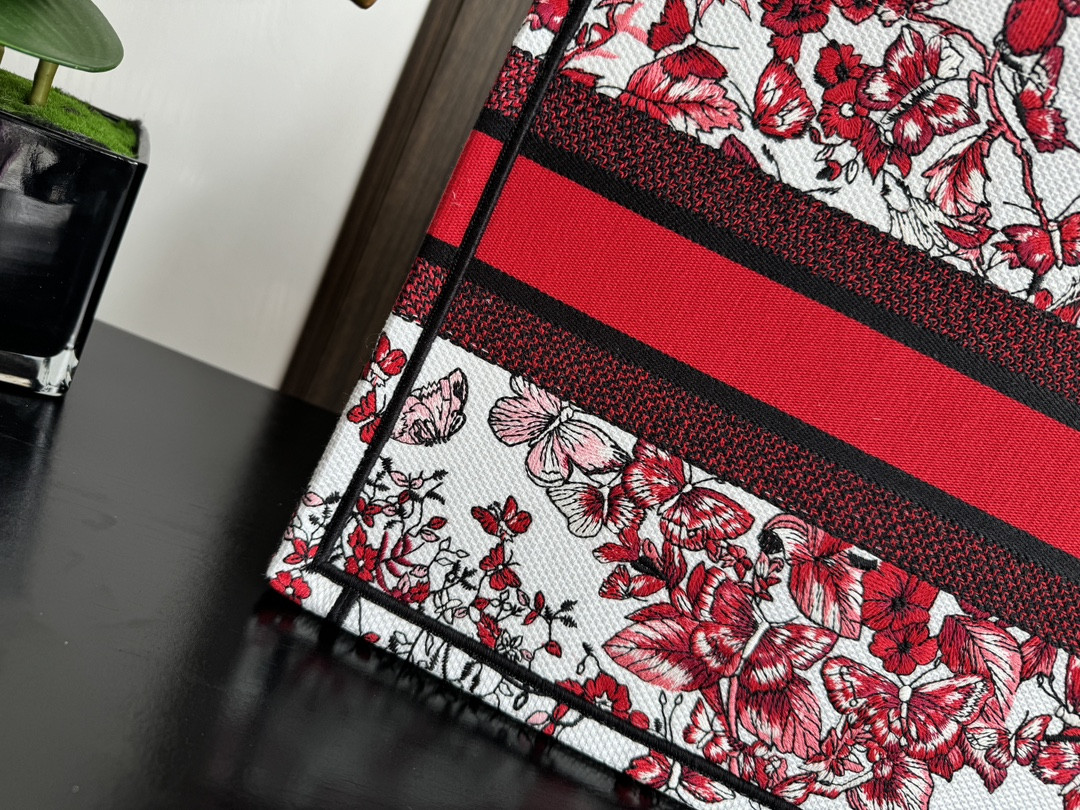 Medium D*0r Book Tote  White and Red Le Cœur des Papillons Embroidery 14 x 11 x 6.5 inches